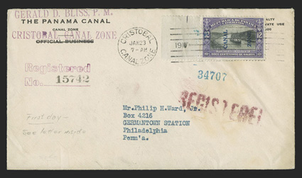 49, 12c Purple and black, left sheet-margin single tied by Cristobal Jan 23, 1917 duplex cancel on registered first day cover, to Philip Ward in Philadelphia, sent by Gerald
Bliss, Postmaster at Cristobal, with original letter in which Bliss