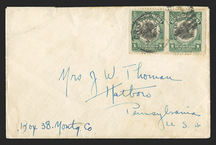 55e, 1c Light green and black, booklet pane of six, horizontal pair from a booklet pane tied by Cristobal duplex on cover to Pennsylvania, some minor toning affecting the edge
of some perforations, backflap torn, fine appearance a rare usage, b