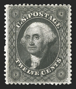 36B, 12c Black, plate III, exceedingly well centered and margined for this difficult value, deep color and a razor-sharp impression, full o.g., lightly hinged, extremely fine a
highly desirable example 1990 PF certificate.