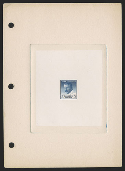 139P1, 5c Deep blue, large die proof on India mounted on 136x189mm card, with serial number 898893A, Engravers Stock Proof, Authorized by... and Dec 15 1945 on reverse, there
is also a small cut-out of a C by the left 5, very fine one