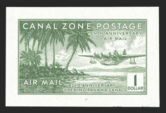 C15P2-20P2, 5c-$1.00 Air posts, small die proofs on India, all with full margins, brilliantly fresh colors, $1.00 with small natural inclusion in the bottom margin, extremely
fine a most attractive and exceedingly rare set, with only two exam