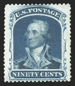 39, 90c Blue, unused, remarkably well centered within lavishly wide margins, deep color and a strong impression, regummed, extremely fine this high value is rarely encountered
with margins this wide 1970 PF certificate.