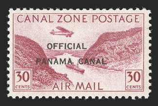 CO5 var., 30c Lake red, 19mm overprint, O over the N variety, a seldom seen mint single, rich color, o.g., never hinged, diagonal gum bend, very fine while used (c.t.o.)
example of this variety can be found with regularity, mint copies are