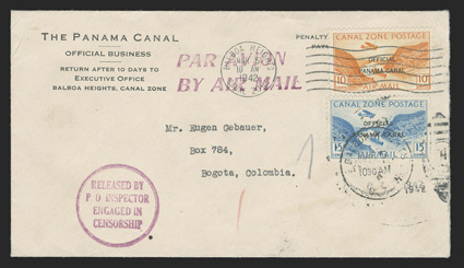 CO9, 10c Orange air post official, 17mm overprint, tied by Balboa Heights Mar 5 1942 wavy cancel along with `5c Blue (CO3) which is tied by duplex on penalty cover to
Colombia, magenta censor marking at bottom left, Bogota backstamps, fine (CZS