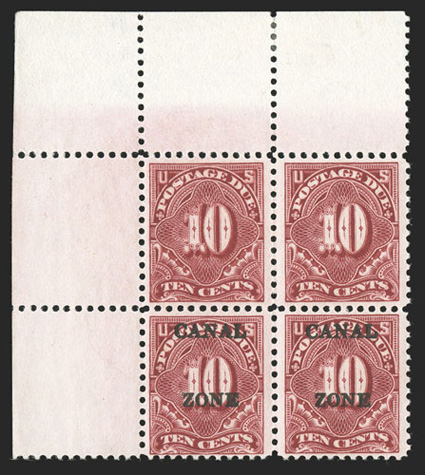 J20a, 10c Carmine rose, vertical pair, one without overprint, striking top left corner margin block of four, the top two stamps missing the overprint, vibrant color, o.g.,
bottom stamps never hinged, fine-very fine this error was produced when