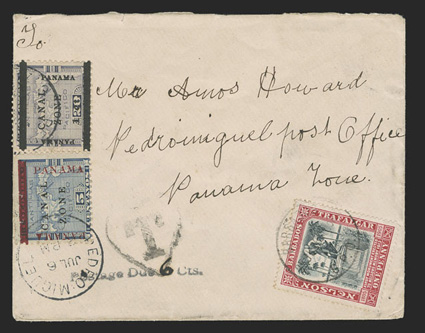 12, 16, 5c Blue and 1c on 20c Violet used as postage dues, on a 1906 cover originating in Barbados, with 1p Nelson Centenary (104) tied by Barbados GPO c.d.s., sent to Pedro
Miguel, on arrival in Canal Zone it received T handstamps and P