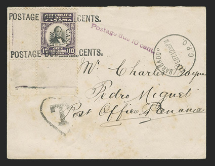 26, 10c Violet and black, used as postage due, bottom left corner margin single tied to 1907 cover originating in Barbados by POSTAGE DUE....CENTS handstamps, violet Postage
due 10 cent. straight line and T, Barbados G.P.O. c.d.s., Cri