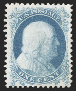 40, 1c Bright blue reprint, without gum as issued, attractively centered, fresh color, choice very fine 1991 PF certificate and a 2007 PSE certificate (VF-XF 85 SMQ
$710.00).