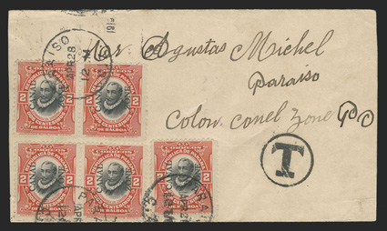 39, 2c Vermilion and black used as postage due, five stamps (two pairs and a single) tied by Paraiso Apr 28 c.d.s. postmarks on 1913 cover originating in Jamaica, sent unpaid
with T in circle, Yallahs Ap 22, 1913 c.d.s and Kingson Apr 23 p