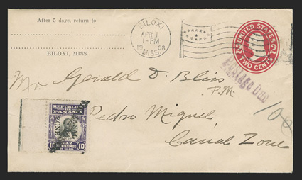 26, 10c Violet and black, with Bliss pre-cancel, Type A, with Postage Due in all upper case, left sheet-margin single on cover originating in Mississippi, with 2c Red indicia
cancelled by Biloxi, Miss., Apr 1, 1908 flag postmark, sent to Postmas