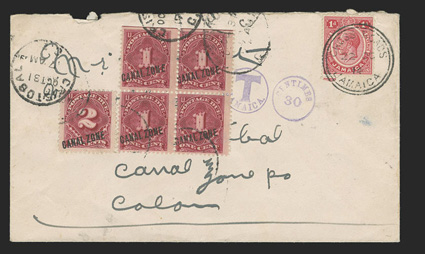 J1, J2, 1c and 2c Rose carmine, block of four of 1c and single 2c tied by Cristobal c.d.s. postmarks on 1914 cover originating from Jamaica, with 1p Carmine (61a) tied by
Cross Roads Jamaica c.d.s., with violet Jamaica postage due marking a