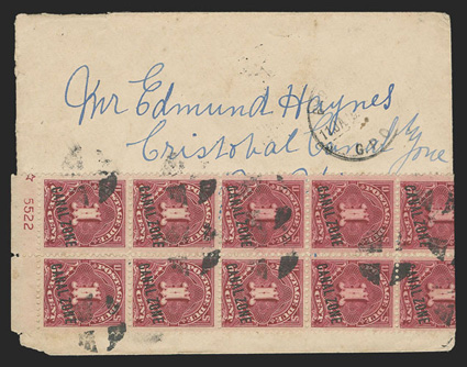J1, 1c Rose carmine, bottom margin plate no. 5522 block of ten, with the top two stamped overlapped, tied by circle of wedges cancels on 1915 cover originating in Barbados,
with light Barbados G.P.O. c.d.s. of 11 Jan, Cristobal backstamp of