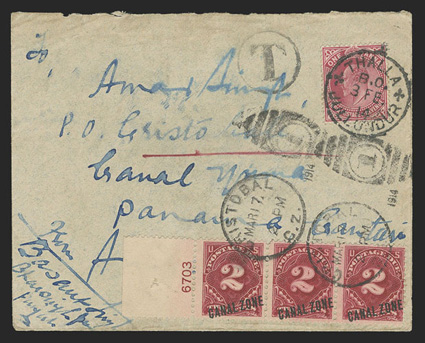 J2, 2c Rose carmine, left margin plate no. 6703 horizontal strip of three tied by Mar 17 Cristobal duplex postmarks on 1914 cover originating in India, with 1a (79) tied by
Thalla 3 Fe. 14 c.d.s., T in circle, Cristobal backstamp of March