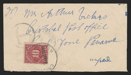 J3, 10c Carmine rose, tied by Cristobal Jun 21 c.d.s. on 1914 cover originating in Barbados, sent unpaid with Barbados 15 Jun 14 c.d.s. and T in circle, Barbados and Cristobal
backstamps, fine and scarce.