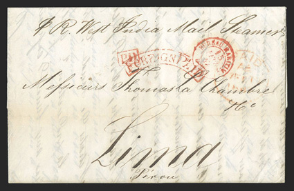 Le Havre to Lima, Peru, two folded letters with arced Cross-Channel Mail Foreign Paid handstamps, first 1847 in red with red Bureau Maritime15 Fev, 47 datestamp and matching
boxed PD, red London transit, Southampton departure backstamp and