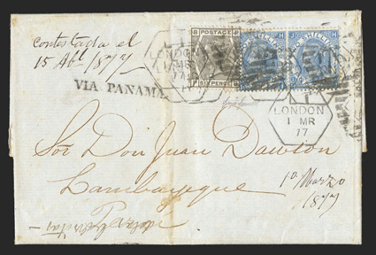 London to Lambayeque, Peru, three 1875-77 folded letters with Via Panama handstamped directive of C. de Murrieta & Ca. applied in London showing single, double and triple rate
frankings by 6d Gray Plate 15 (62), 1- Pale green Plate 12 (64) a