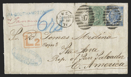 London to Santa Ana, Republic of San Salvador, two triple rate folded letters with blue handstamped Via Southampton and manuscript & Panama directives of Alonso Jimenez
applied in London, first 1870 franked by pair and single 1867-80 1- Gree
