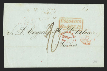 Lima, Peru to Bordeaux, folded letter with bold strike of British Post Office red double arc PanamaAu 22, 1846 datestamp without index letter on reverse (repeated on front),
London transit backstamp and boxed Colonies&cc. Art 13 handstamp,