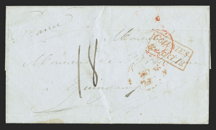 Arica, Peru to France, folded letter with bold red British Post Office double arc PanamaSp 22, 1847 datestamp with index letter B, red London transit backstamp and boxed
Colonies&cc. Art 13 handstamp, red French entry datestamp and 18 d