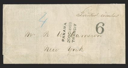 Callao, Peru to New York, pre-paid printed circular with blue manuscript 4 (d) rate and bold three-line Panama20 Oc 1868Transit postmark, 6 (c) handstamp for postage due
struck on arrival, very fine and rare printed matter rate usage.