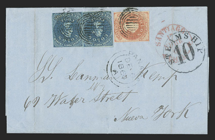 Santiago, Chile to New York, Lanman & Kemp correspondence folded letter franked by 1855 5c Brown red on cream (8c) and horizontal pair 1854 10c Deep blue (5) paying inland and
British Packet postage to Panama and tied by target cancels, red Sa