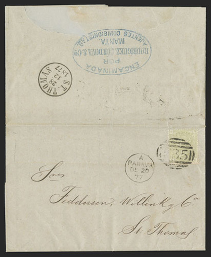 Jipijappa, Ecuador to St. Thomas, West Indies, folded letter entering the British mails with Great Britain 1877 4d Pale olive green Plate 16 (70) tied by C35 in barred oval,
with matching PanamaDe 20, 77 datestamp alongside, large blue oval
