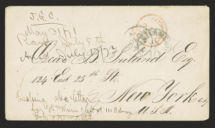 Carthagena to New York, cover pre-paid with red crowned circle Paid at Carthagena postmark, British Post Office ColonJu 12, 71 transit, blanket rate Steamship 10Jul 2 due
datestamp applied on arrival, docketing at left, very fine.
