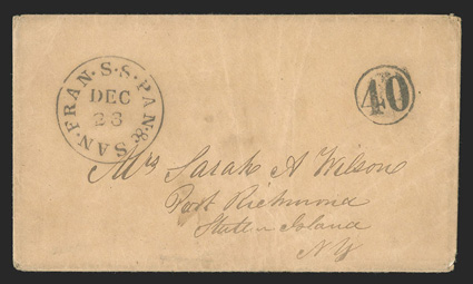 San Francisco to New York, buff cover with perfectly struck Pan & San. Fran. S.S.Dec 23 postmark and matching 40 in circle rate handstamp, very fine and rare one of only
thirteen recorded examples of this route agents postmark this mar