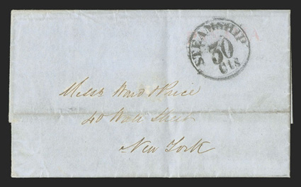 Panama to New York, 1850 folded letter with red straightline PANAMA handstamp applied by the office of U.S. Despatch Agent Amos Corwine, overstruck with Steamship30 cts
postmark applied on arrival in New York, fine and scarce this straightl