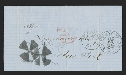 Valparaiso, Chile to New York, Lanman & Kemp correspondence folded letter with partial red Valparaiso, Chile17 Nov 69 datestamp, British Post Office Panama TransitDe 4, 69
postmark and large 24 due handstamp, arrived in the U.S. with New