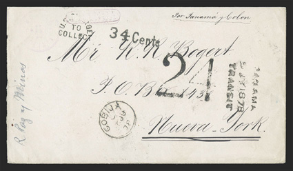 Cobija, Bolivia to New York, cover with light strikes violet of Cobija, BoliviaFranco, boxed Franca showing internal postage paid and manuscript Par Panama y Colon directive,
entered the British Post Office with Cobija20 Ju, 78 datestam