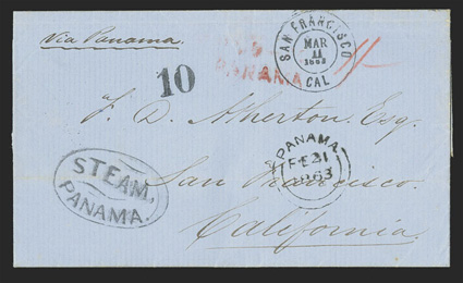 Concepcion, Chile to San Francisco, January 23rd folded letter with manuscript Via Panama directive that entered the British Post Office with Valparaiso2 Fe, 63 backstamp, red
crayon 1- rate and red two-line Paid-toPanama handstamp, do