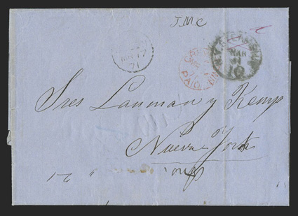 Granada, Nicaragua to New York, Lanman & Kemp correspondence folded letter that entered the British Post Office with red GreytownPaidMr 12, 71 datestamp and manuscript 4d rate
for mail between Caribbean ports, B.P.O. ColonMr 17, 71 trans