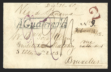 Guatemala City to Brussels, two covers from the same correspondent with Via de Panama directive, first with boxed A Guatemala postmark, red 2 reales handstamped rate to port,
red GuatemalaDic 6, 1861 backstamp and manuscript 2- British