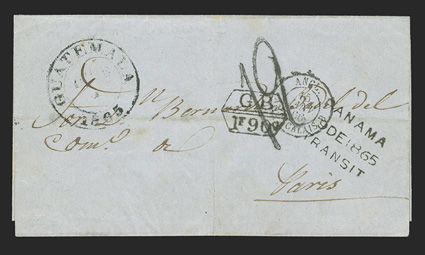 Guatemala City to Paris, folded cover with GuatemalaDec 2, 1865 datestamp, three-line Panama9 De 1865Transit postmark, red London transit backstamp and hexagonal G.B.1F90c
accountancy marking, Calais entry c.d.s. with 12 decimes due,