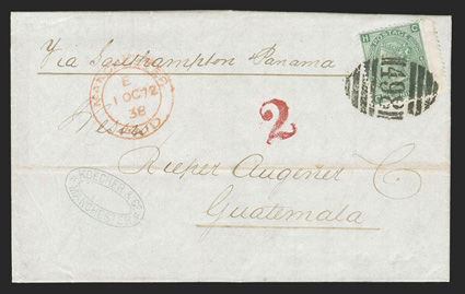 Great Britain to Guatemala, folded letter with Via Southampton & Panama directive franked by 1867-80 1- Green Plate 6 (54) tied by 498 in barred oval, red double circle
ManchesterPaid10 Oc 72 datestamps, red 2 reales handstamp applied