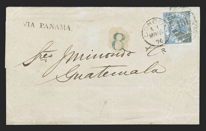 London to Guatemala, folded cover with handstamped Via Panama directive franked by 1867-80 2- Blue Plate 1 (55) tied by LondonMr 16, 76 duplex, blue 8 reales handstamp applied
on arrival for local postage, very fine and scarce double rat