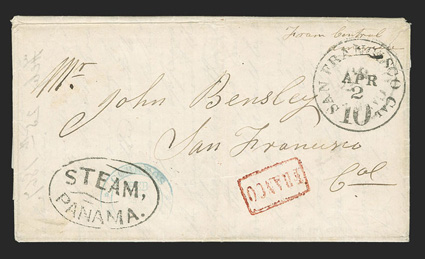 Guatemala City to San Francisco, 1867 folded letter with partial blue double circle Correos, GuatemalaFeb 27, 1867 datestamp, red boxed Franco handstamp and 1 reales rate
handstamp on reverse for postage to port, arrived with San Francisc