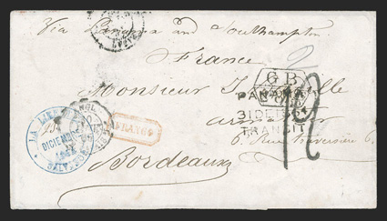 El Salvador to Bordeaux, cover with Via Panama and Southampton directive, blue double circle La Libertad, SalvadorDiciembre 1864 datestamp with ms. 23 date, red boxed Franco
and pencil 2 reales internal rate to port, three-line straigh