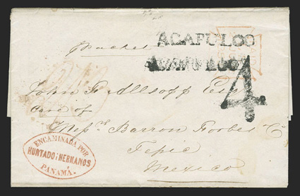 London to Tepic, Mexico, folded letter with Packet directive, red London2 Ju, 1853 datestamp and manuscript 23 rate, consigned in Panama to a forwarding agent with bold red
oval Encaminada porHurtado i HermanosPanama. cachet for trans