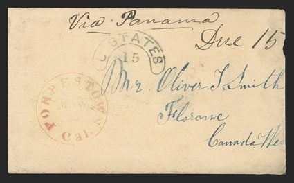 California to Florence, Canada West, cover with Via Panama directive, manuscript Due 15 and red Forbestown, CalMar ? datestamp sent entirely unpaid, carried by American
vessels to New York, then upstate to the border town of Lewiston and i
