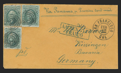 San Francisco to Kissingen, Bavaria, buff cover with Via Panama, pr Prussian Closed Mail directive franked by three 1861 10c Green (68, tiny faults) cancelled by targets,
double circle San Francisco, CalFeb 28 datestamp, light red N. York