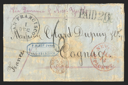 San Francisco to Cognac, France, folded letter with Via Panama & New York directive with San Francisco, Cal.1 Dec datestamp and matching PAID 26 rate handstamp, red New-YorkAm
PacketJan 24 transit, red Le Havre entry c.d.s. with 6 de