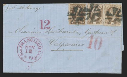San Francisco to Valparaiso, Chile, 1874 folded letter with Par Mohango directive franked by two 1873 10c Brown (161) and 2c Brown (157, corner missing) tied by cross roads
cork cancels, magenta San Francisco Cal.PaidNov 12 datestamp and