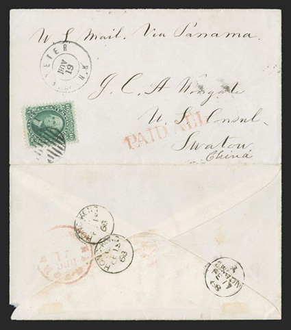 Exeter, N.H. to Swatow, China, cover with U.S. Mail Via Panama directive franked by 1861 10c Green (68) tied by grid, matching Exeter, N.H.Nov 19 datestamp alongside, red
New-YorkDec 21 transit backstamp and matching PAID ALL on front,