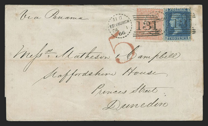 Edinburgh to Dunedin, folded cover cover with Via Panama directive franked by 1858 2d Deep blue Plate 9 (29) and 1865 4d Dull vermilion Plate 8 (43a) tied by EdinburghDe 1, 66
dotted dated duplex postmarks, red London transit, DunedinFe-