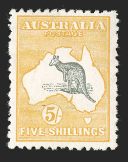 44, 1915 5- Yellow and grey, bright fresh colors, o.g., lightly hinged, very fine (S.G. 30 £800).