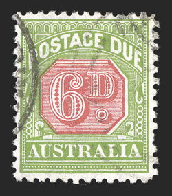 J62, 1936 6p Yellow green and rose postage due, used, well centered and with bright colors, lightly cancelled, very fine 2007 BPA certificate (S.G. D110
£325).