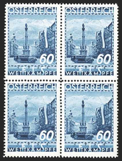 B138-141, 1938 12g-60g Ski concourse complete, choice mint blocks of four, excellent centering, immaculate o.g., n.h., very fine set.