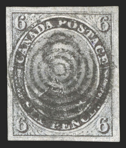 2, 1851 6p Slate violet on laid paper, an especially desirable used example, four large to extra-large margins, attractive color, strong laid lines, socked-on-the-nose target
cancel, extremely fine quite rare in this highly select condition 19